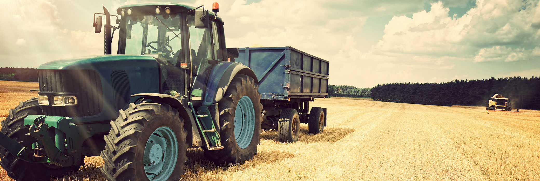 Blue tractor with a trailer standing on a field